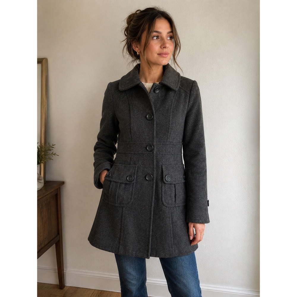 Tulle 60% Wool Charcoal Gray Military Coat Dark Academia Retro XS XS J7348NI